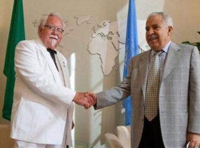 A man posing as Colonel Sanders talked his way into the United Nations and a photo op with General Assembly President Ali A. Treki, of Libya. A man posing as Colonel Sanders talked his way into the United Nations and a photo op with General Assembly President Ali A. Treki, of Libya.
