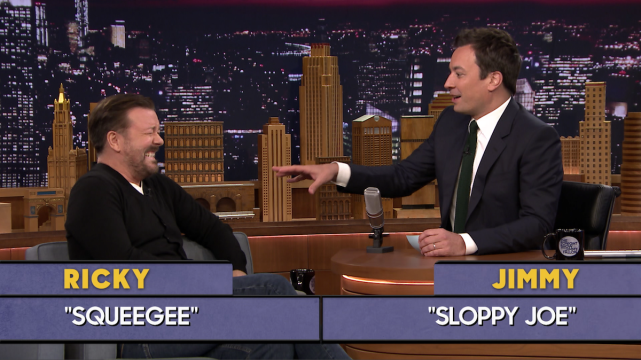 Jimmy Fallon and Ricky Gervais get cards with random words, such as
