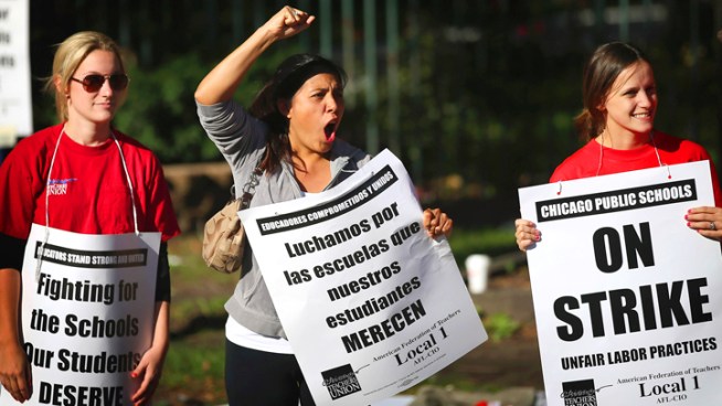 More than 26,000 teachers and support staff hit the picket lines Monday morning in the first teacher strike in 25 years. Phil Rogers reports.