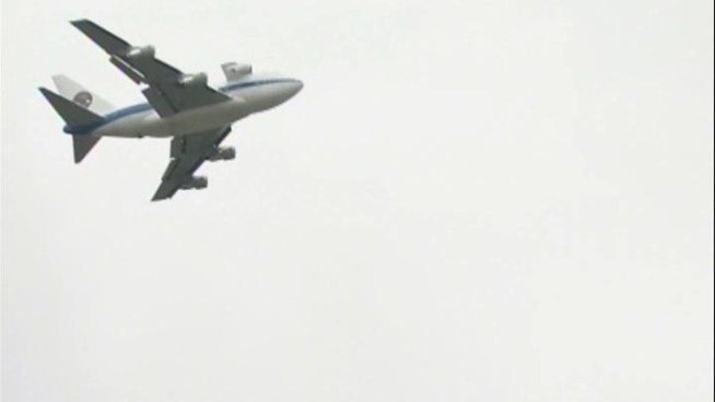 A Boeing 747 outfitted with Pratt & Whitney engines flew over several towns on Wednesday.