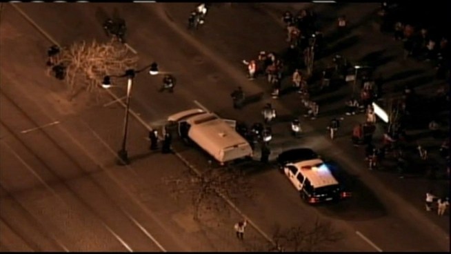 SFPD made some, but not many, arrests following the 49ers defeat in the Super Bowl on Sunday. These shots are taken in the Mission District, outside Pete's and from our chopper.