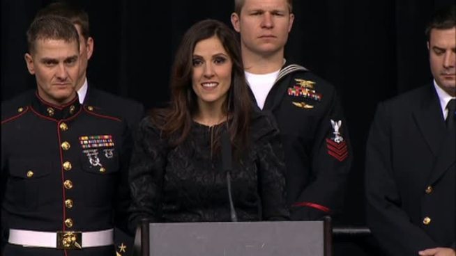 Taya Kyle, the wife of slain Navy SEAL Chris Kyle, spoke at a memorial honoring her husband Monday, Feb. 11, 2013.