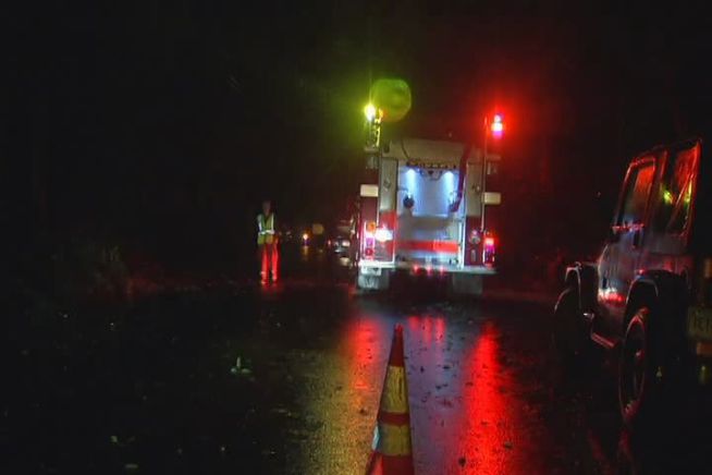 Heavy rains and strong winds knocked down powerlines and tree limbs.  Crews had to rescue people trapped in their truck by high voltage lines in Barkhamsted.