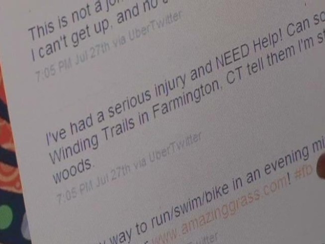 A woman hurt in the woods and by herself, gets help thru twitter