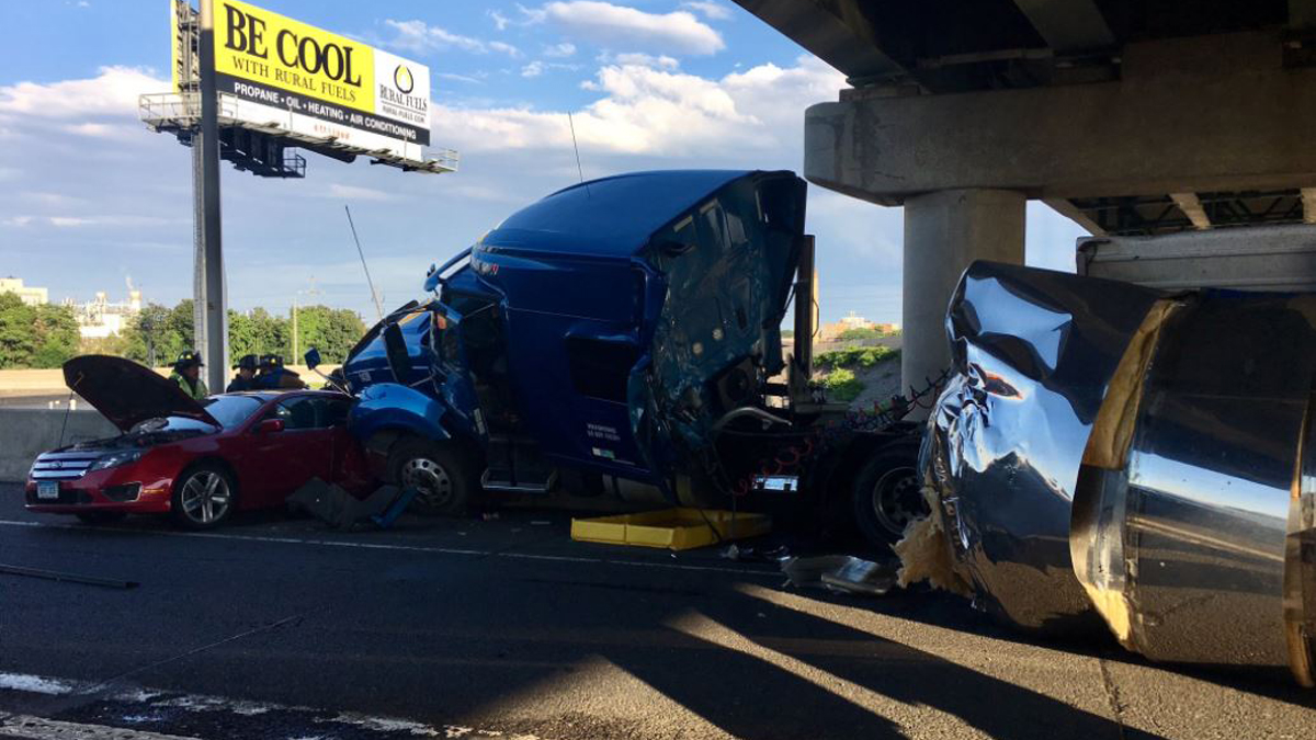 Tractor Trailer Rollover Closes Lanes on I-95 in Bridgeport