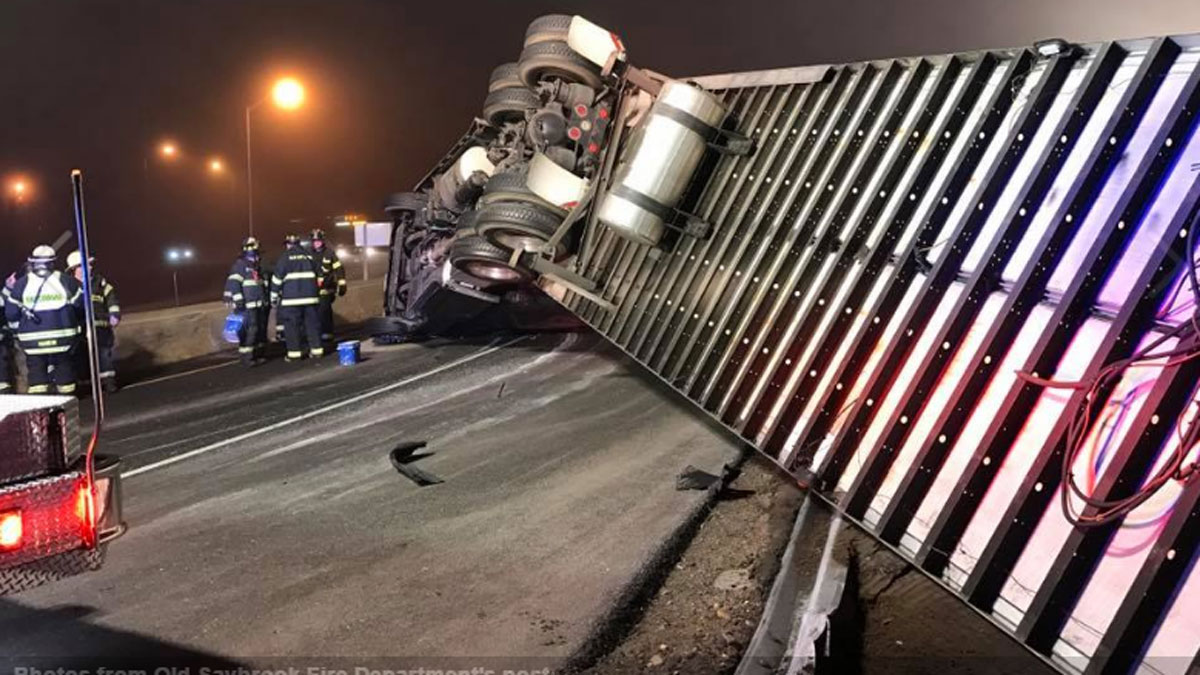 Tractor Trailer Rolls Over on Route 9 in Old Saybrook