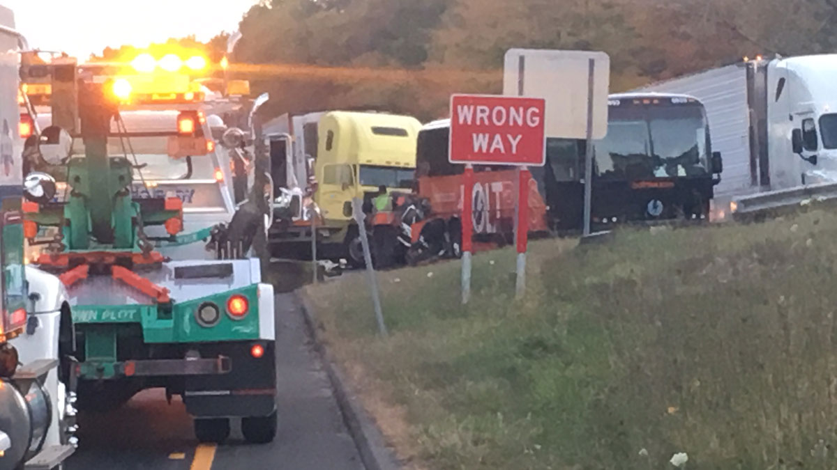 Tractor Trailer, Bus Collide on I-84 East in Middlebury