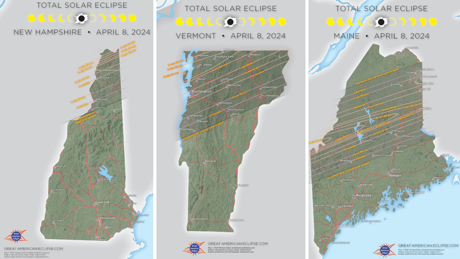A map showing the expected total solar eclipse's path through New Hampshire, Vermont and Maine on Monday, April 8, 2024.