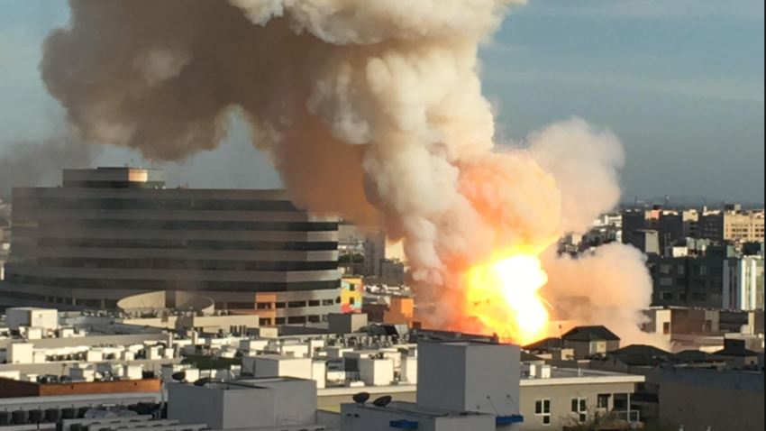 A fire burns Saturday May 16, 2020 at a downtown Los Angeles building.