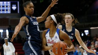 Connecticut guards Aubrey Griffin (44) and Molly Bent, right, defend against SMU guard Reagan Bradley (13) during the first half of an NCAA college basketball game in University Park, Texas, Sunday, Jan. 5, 2020.