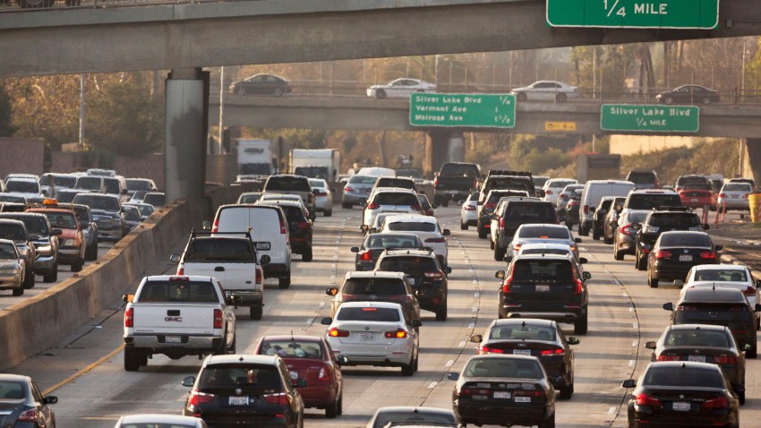 FILE - This Dec. 12, 2018, file photo shows traffic on the Hollywood Freeway in Los Angeles.