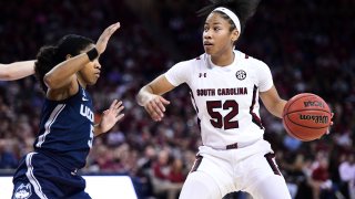 South Carolina guard Tyasha Harris (52) dribbles against Connecticut guard Crystal Dangerfield (5) during the first half of an NCAA college basketball game Monday, Feb. 10, 2020, in Columbia, S.C.