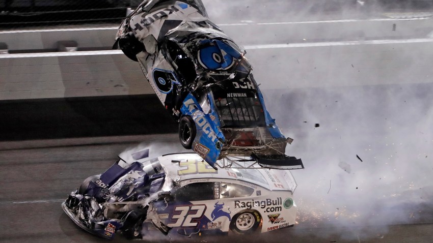 Ryan Newman (6) goes airborne after crashing with Corey LaJoie (32) during the NASCAR Daytona 500 auto race Monday, Feb. 17, 2020, at Daytona International Speedway in Daytona Beach, Florida. A statement from NASCAR said Newman's injuries, although serious, was not life threatening.