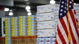 In this March 24, 2020, file photo stacks of medical supplies are housed at the Jacob Javits Center that will become a temporary hospital in response to the COVID-19 outbreak in New York.