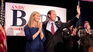 In this Nov. 6, 2012, file photo, Republican Andy Barr, with wife Carol Barr, was congratulated by supporters after unseating Ben Chandler for Kentucky's 6th Congressional District in Lexington, Kentucky.