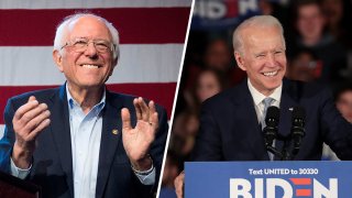 A split image showing Democratic presidential primary front-runners Sen. Bernie Sanders (left) of Vermont and former Vice President Joe Biden.