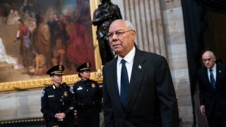 In this Dec. 4, 2018, file photo, former Chairman of the Joint Chiefs of Staff and former Secretary of State Colin Powell arrives to pay his respects at the casket of the late former President George H.W. Bush as he lies in state at the U.S. Capitol in Washington, DC.