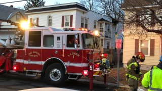 Firetruck at fire on Hanmer Street in East Hartford