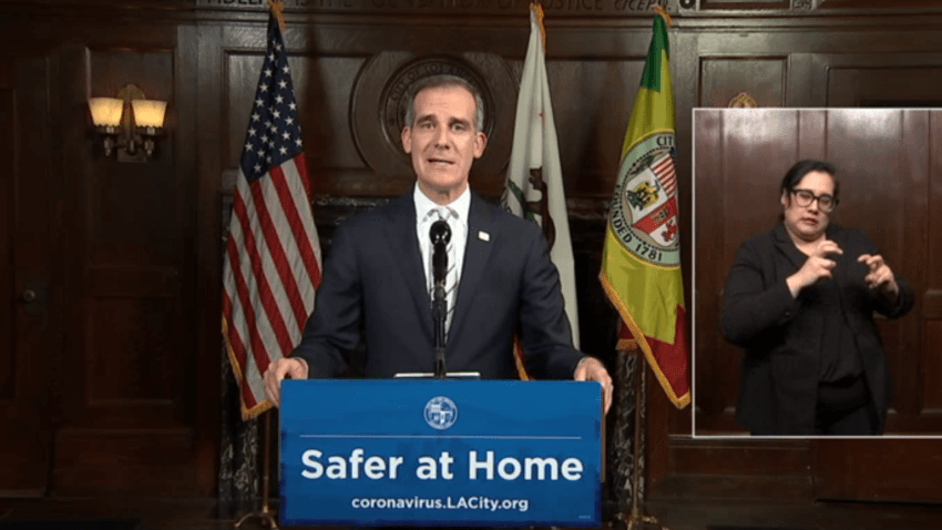 LA Mayor Eric Garcetti announces free COVID-19 testing is now open to delivery, rideshare and taxi drivers even if they don’t have symptoms on Monday, April 27, 2020.