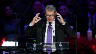 Geno Auriemma speaks during The Celebration of Life for Kobe & Gianna Bryant at Staples Center on Feb. 24, 2020, in Los Angeles, California.
