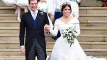 In this Oct. 12, 2018, file photo, Princess Eugenie of York and her husband Jack Brooksbank leave after their wedding at St. George's Chapel in Windsor Castle in Windsor, England.