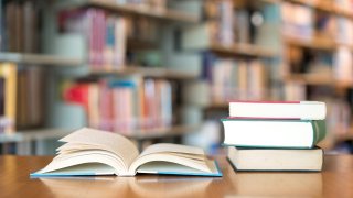 A file photo of books on a desk.