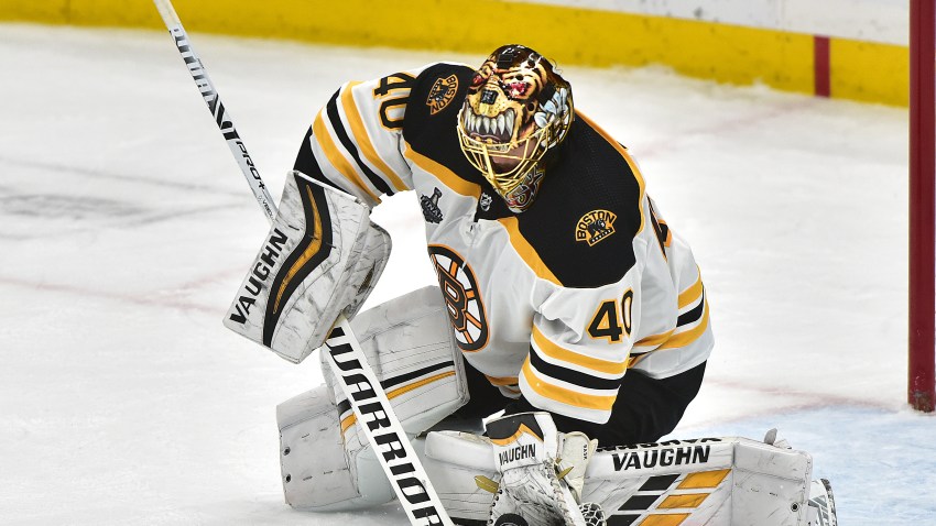 Boston Bruins goalie Tukka Rask scoops up a loose puck during Game 6 of the Stanley Cup Final between the Boston Bruins and the St. Louis Blues, on June 9, 2019, at Enterprise Center, St. Louis.