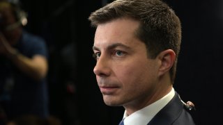 Democratic presidential hopeful Mayor of South Bend, Indiana, Pete Buttigieg stands in the spin room after the sixth Democratic primary debate of the 2020 presidential campaign season co-hosted by PBS NewsHour and Politico at Loyola Marymount University in Los Angeles, on Dec. 19, 2019.