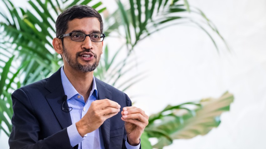 Sundar Pichai, chief executive officer of Alphabet Inc., gestures while speaking during a discussion on artificial intelligence at the Bruegel European economic think tank in Brussels, Belgium, on Monday, Jan. 20, 2020. Pichai urged the U.S. and European Union to coordinate regulatory approaches on artificial intelligence, calling their alignment critical.
