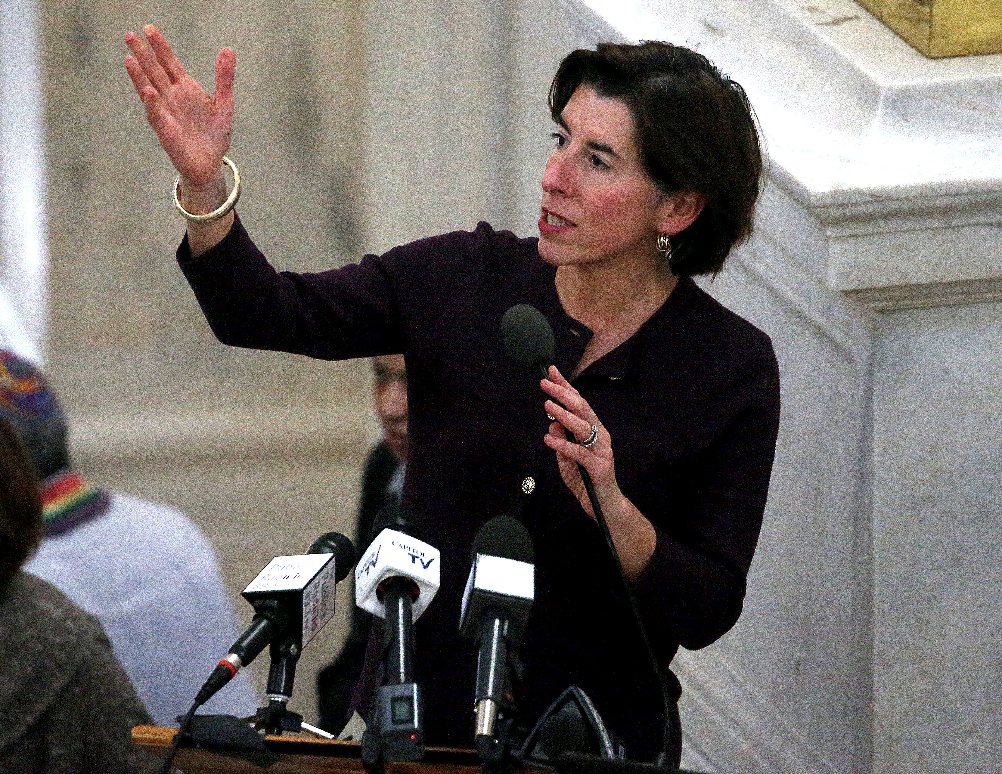 PROVIDENCE, RI – JANUARY 7: Rhode Island Governor Gina M. Raimondo speaks during an Interfaith Coalition to Reduce Poverty Vigil at the Rhode Island State House in Providence, RI on Jan. 7, 2020. (Photo by Barry Chin/The Boston Globe via Getty Images)