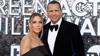 Jennifer Lopez and Alex Rodriguez attend the 26th Annual Screen Actors Guild Awards at The Shrine Auditorium on Jan. 19, 2020, in Los Angeles.