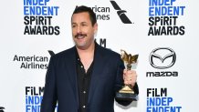 In this Feb. 8, 2020, file photo, Adam Sandler, winner of Best Male Lead for "Uncut Gems," poses in the press room at the 2020 Film Independent Spirit Awards in Santa Monica, California.