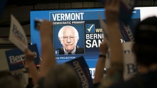 A monitor displays the CNN network calling Senator Bernie Sanders, an Independent from Vermont and 2020 presidential candidate, the projected winner of the state of Vermont during a primary night rally in Essex Junction, Vermont, U.S., on Tuesday, March 3, 2020.