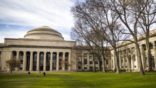 This April 20, 2020, file photo shows the lawn outside Building 10 on the Massachusetts Institute of Technology campus in Cambridge, Massachusetts.