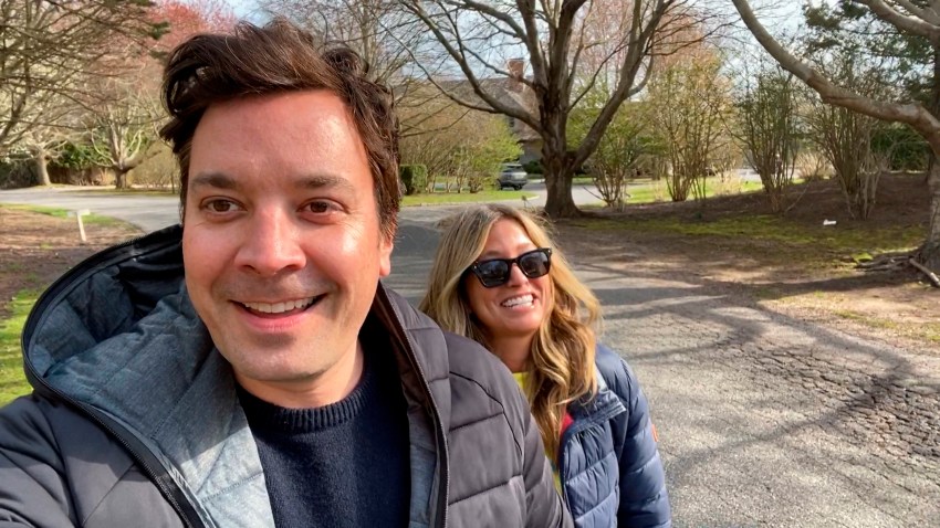 In this April 14, 2020,, file photo, "Tonight Show" host Jimmy Fallon and wife Nancy Juvonen discuss their fertility struggles during a "Tonight Show" home edition.