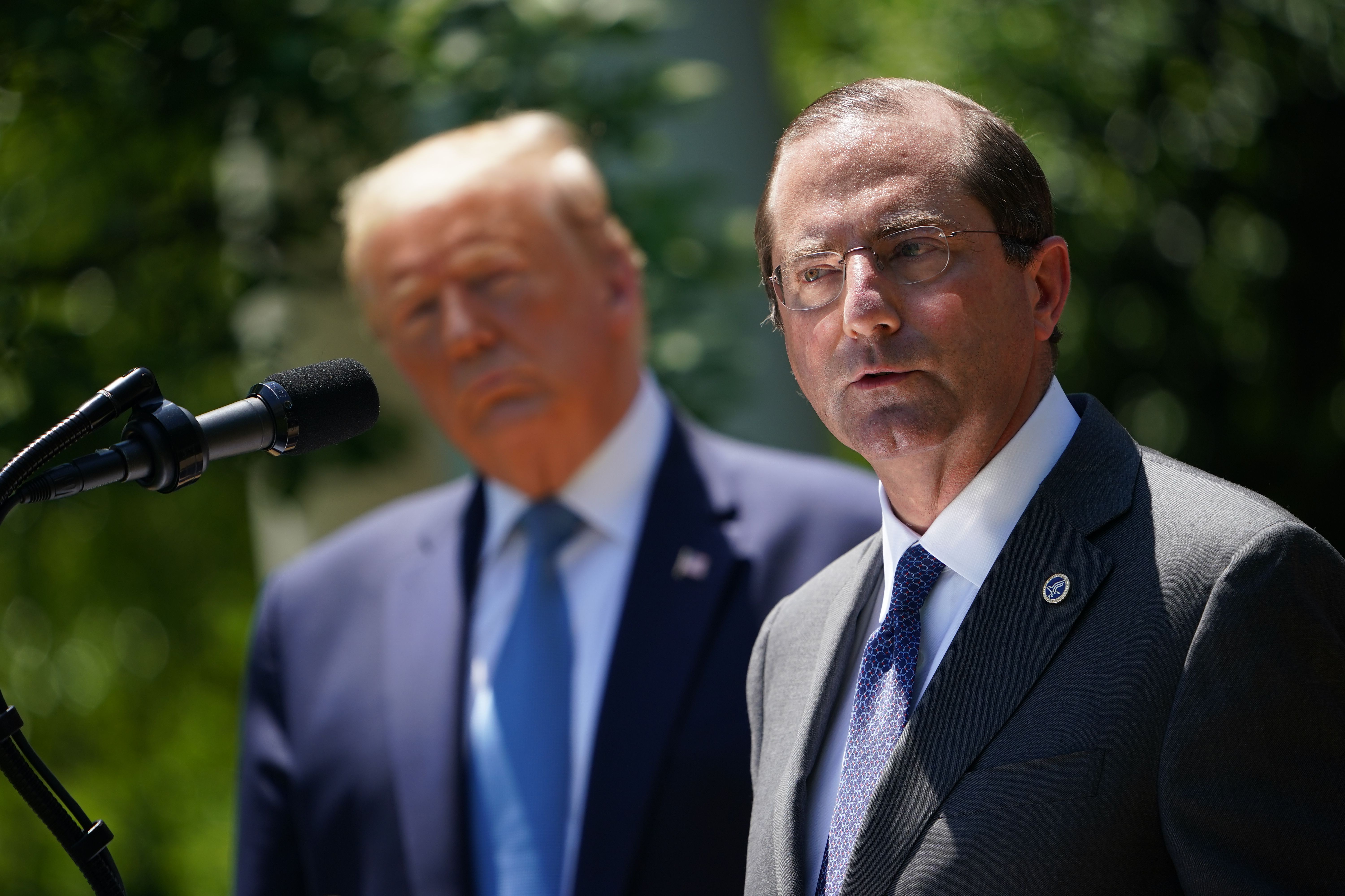 Secretary of Health and Human Services Alex Azar, with President Donald Trump, on May 15, 2020, in the Rose Garden of the White House in Washington, DC.