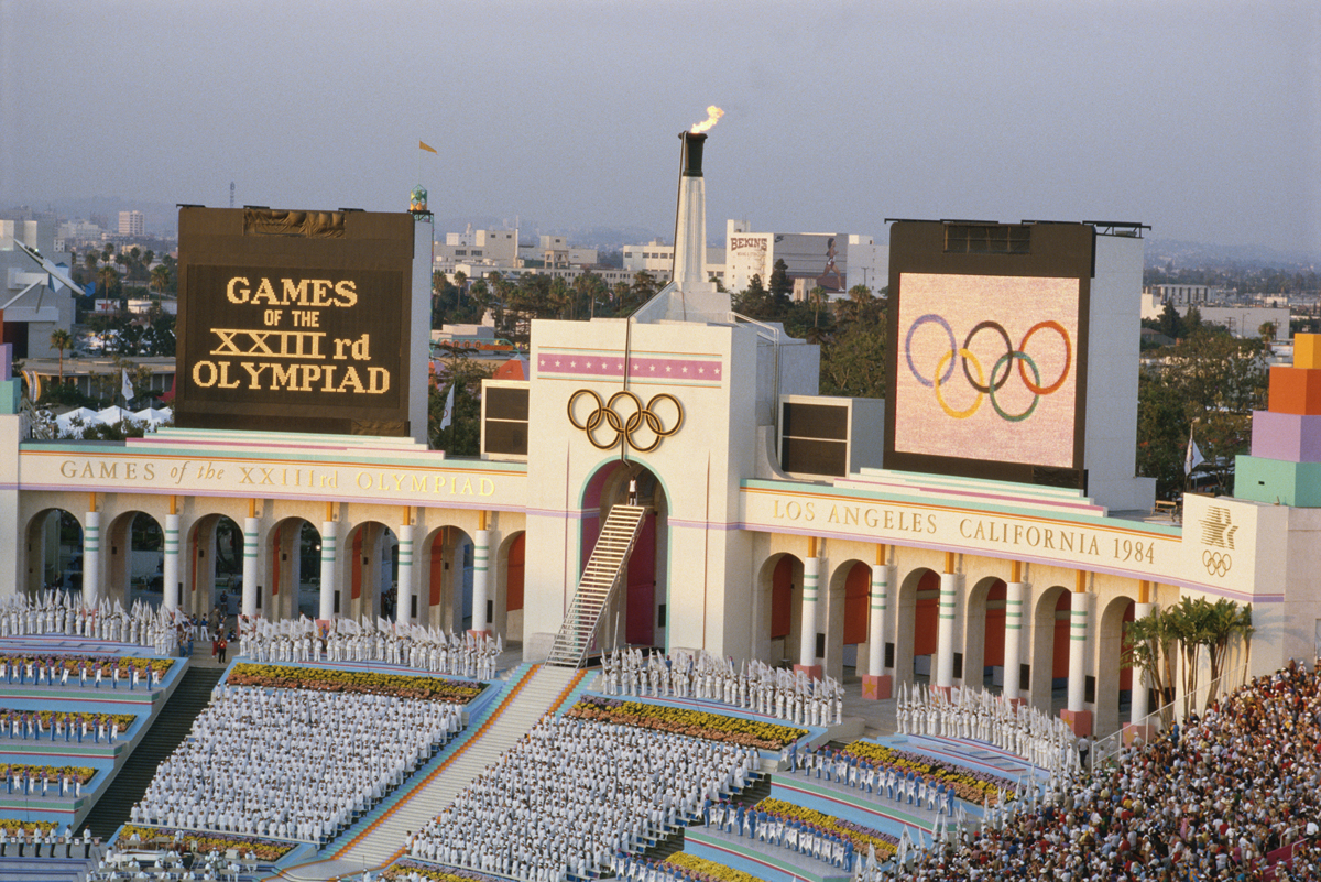 An overview of the opening ceremony at the Los Angeles Coliseum during the lighting of the Olympic flame of the summer Olympics, on July 28, 1984.