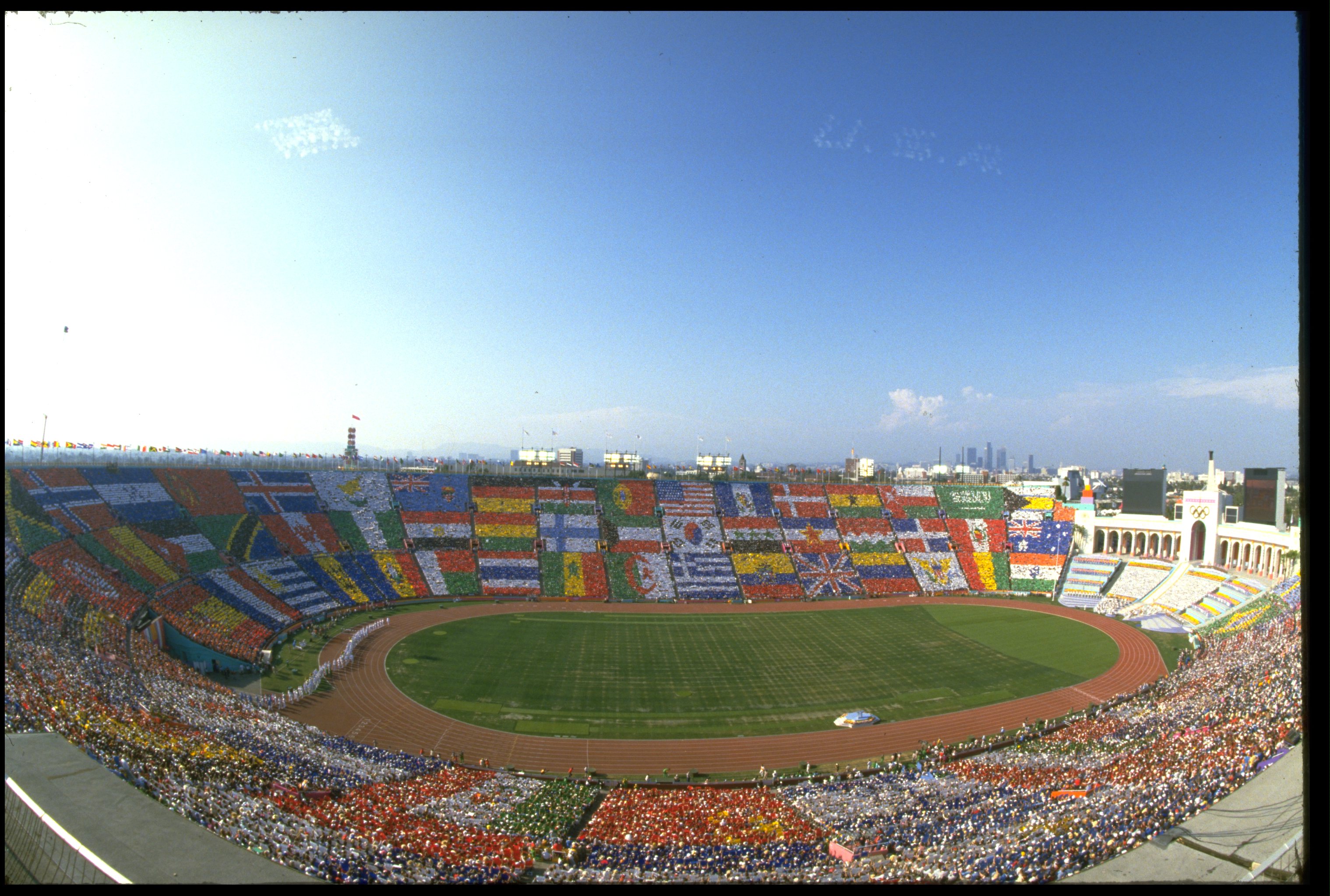 28 JUL 84: A GENERAL VIEW OF TODAY&#8217;s OPENING CEREMONY OF THE 1984 SUMMER OLYMPICS. THE CEREMONY TOOK PLACE AT THE COLISEUM IN LOS ANGELES, CALIFORNIA, UNITED STATES.