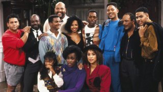 In this undated file photo, the cast and producers of "The Fresh Prince of Bel-Air" are seen on the set of the show.