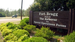 A sign shows Fort Bragg information May 13, 2004 in Fayettville, North Carolina.