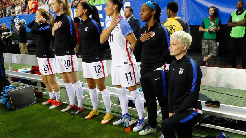 Megan Rapinoe kneels during the national anthem prior to the match between the United States and the Netherlands at Georgia Dome on Sept. 18, 2016, in Atlanta.