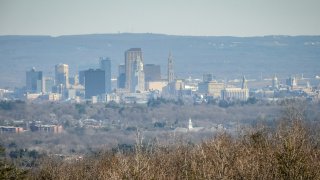 The skyline of Hartford rising above the Connecticut River Valley