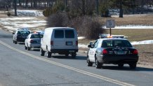 MIDDLETOWN, CT - FEBRUARY 8: Middletown Connecticut Police and Connecticut State Police escort the Medical Examiners van, which is carrying the remains of four victims who died in an explosion at the Kleen Energy Systems plant, February 8, 2010 in Middletown, Connecticut. An explosion at the gas power plant, which is still under construction, killed five and injured 12 yesterday as workers were clearing air out of gas lines. (Photo by Douglas Healey/Getty Images)