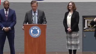 Connecticut governor Ned Lamont at an outside podium