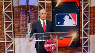 Major League Baseball Commissioner Robert D. Manfred Jr. makes an opening statement about #BlackLivesMatter and Major League Baseball during the 2020 Major League Baseball Draft at MLB Network on Wednesday, June 10, 2020 in Secaucus, New Jersey.