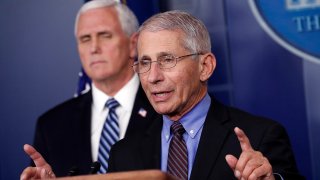 Dr. Anthony Fauci, director of the National Institute of Allergy and Infectious Diseases, speaks about the coronavirus in the James Brady Press Briefing Room of the White House, April 9, 2020, in Washington, as Vice President Mike Pence stands nearby.