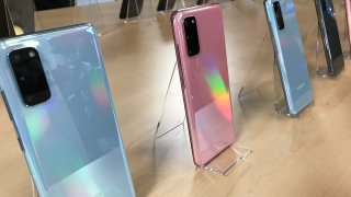 This Feb. 7, 2020, photo shows the S20 series of phones, the South Korean tech company’s latest flagship smartphone, on display in London during a preview for reporters ahead of the official launch on Feb. 11.