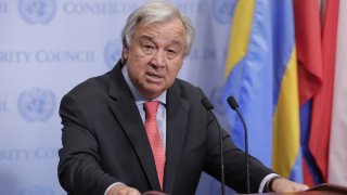 In this Aug. 10, 2018, file photo, Secretary-General Antonio Guterres speaks at the UN High Commissioner for Human Rights.