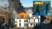Police say the subject in the inset of this photo is a suspect in the arson at a historic home in New Haven.
