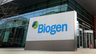 In this March 21, 2019, file photo, the exterior of the headquarters of biotechnology company Biogen is seen in Cambridge, Massachusetts.
